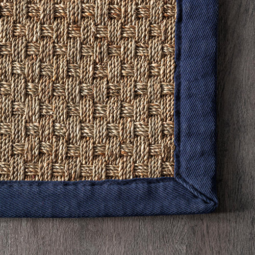 Bay Isle Home Berke Checkered Weave Seagrass Indoor/Outdoor Navy Border Rug Wayfair